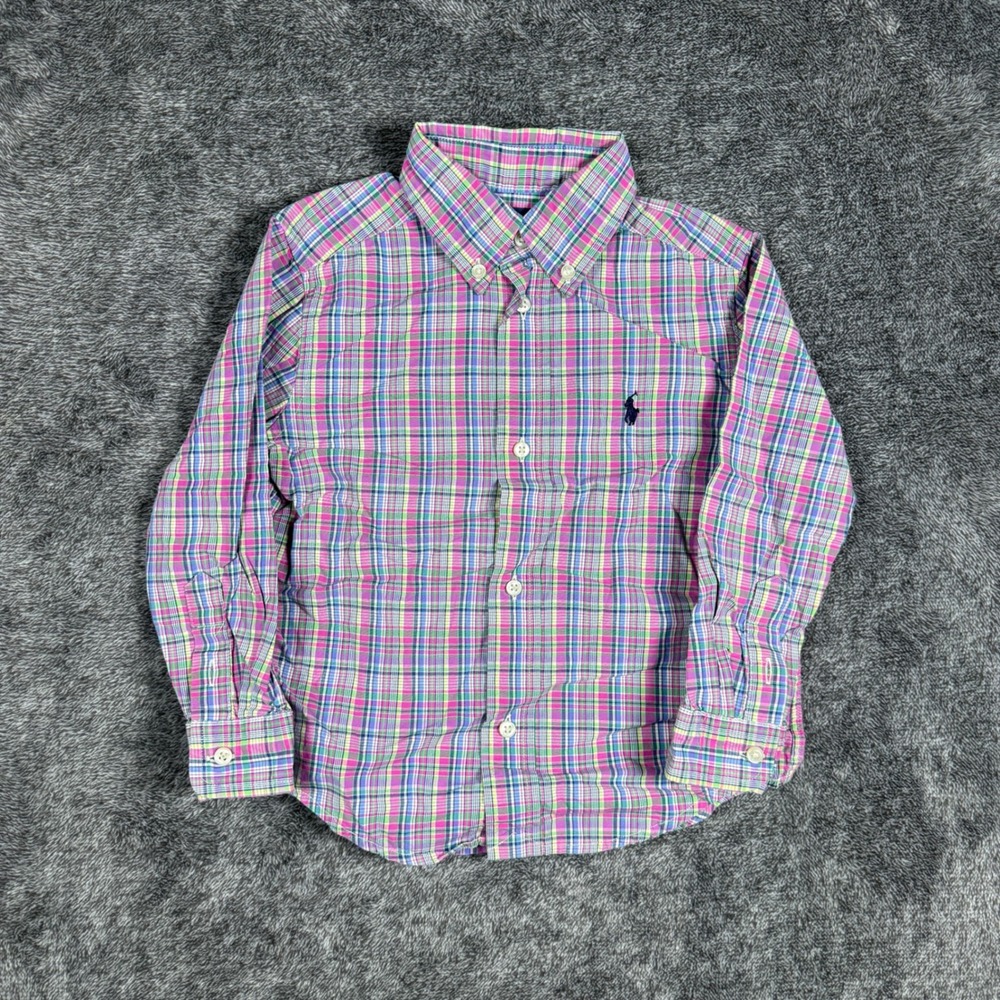 Ralph Lauren Toddler Boys Pink Blue Plaid Button Down Shirt Size 3/3T